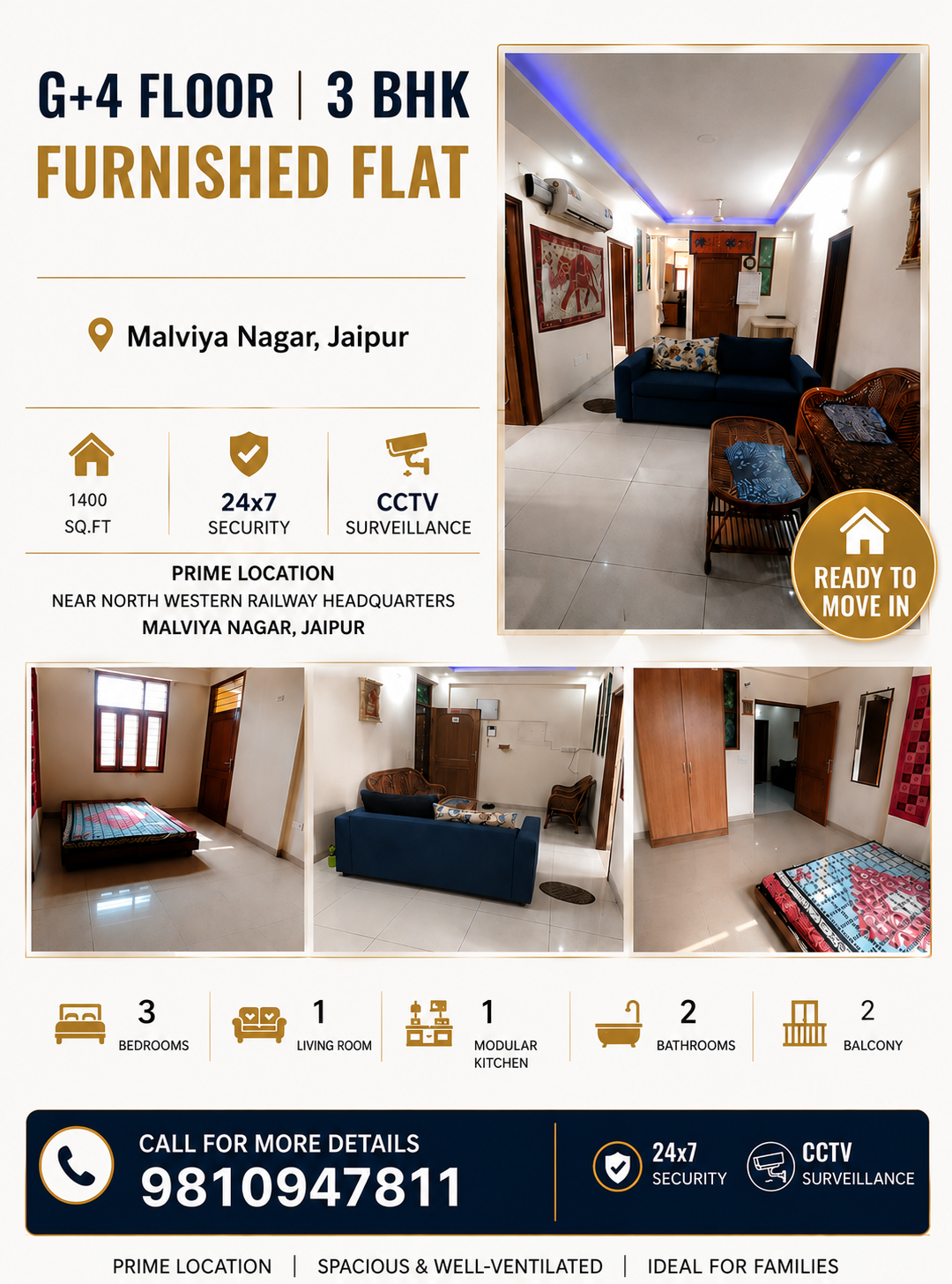 Excellent location residential flat for sale in Jaipur. Close of The Lalith Hotel, major parks, jawahar circle, malls like world trade tower, schools and hospitals